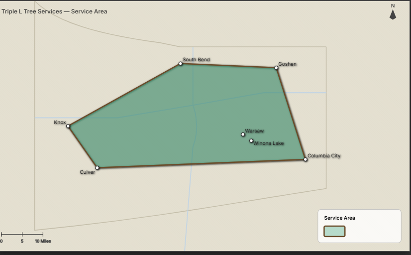 Service area map for Triple L Tree Services